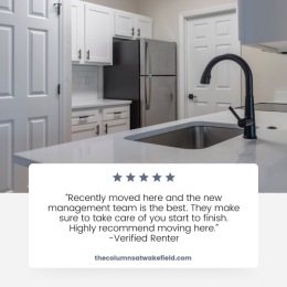a resident review of Columns at Wakefield located in Raleigh, NC and a picture of a kitchen