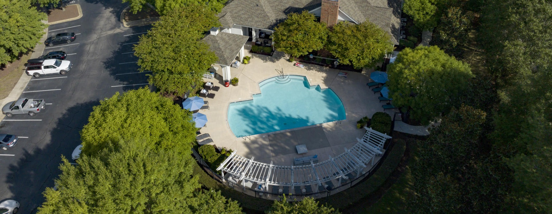 aerial view of a pool surrounded by trees