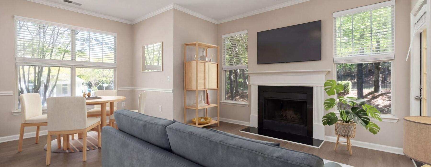a living room with a fireplace tv plant and windows